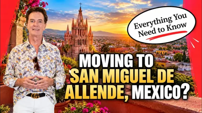 Greg Gunter in a floral shirt in front of the Parroquia at sunset, with the text 'Moving to San Miguel de Allende, Mexico? Everything you need to know'