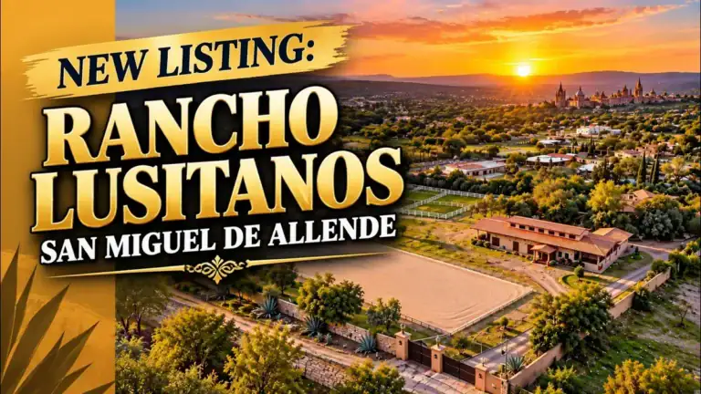 Aerial view of a horse ranch with a riding arena at sunset, with the text 'New Listing: Rancho Lusitanos, San Miguel de Allende'