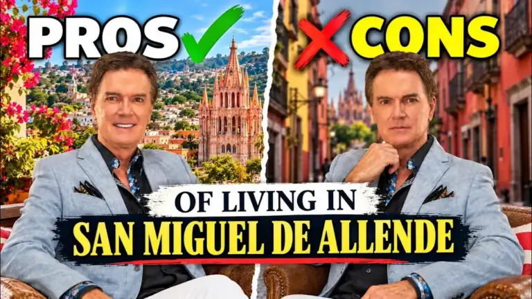 Two views of Greg Gunter in a gray blazer in front of the Parroquia and a colorful street, with the text 'Pros and Cons of Living in San Miguel de Allende'