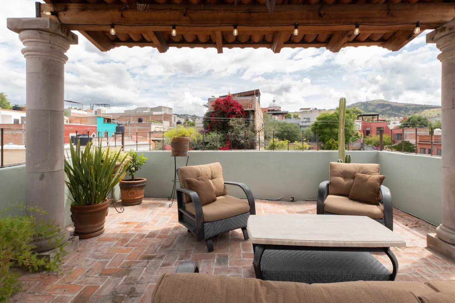 Casa Brillante, roof terrace seating area with views of the town, San Miguel de Allende