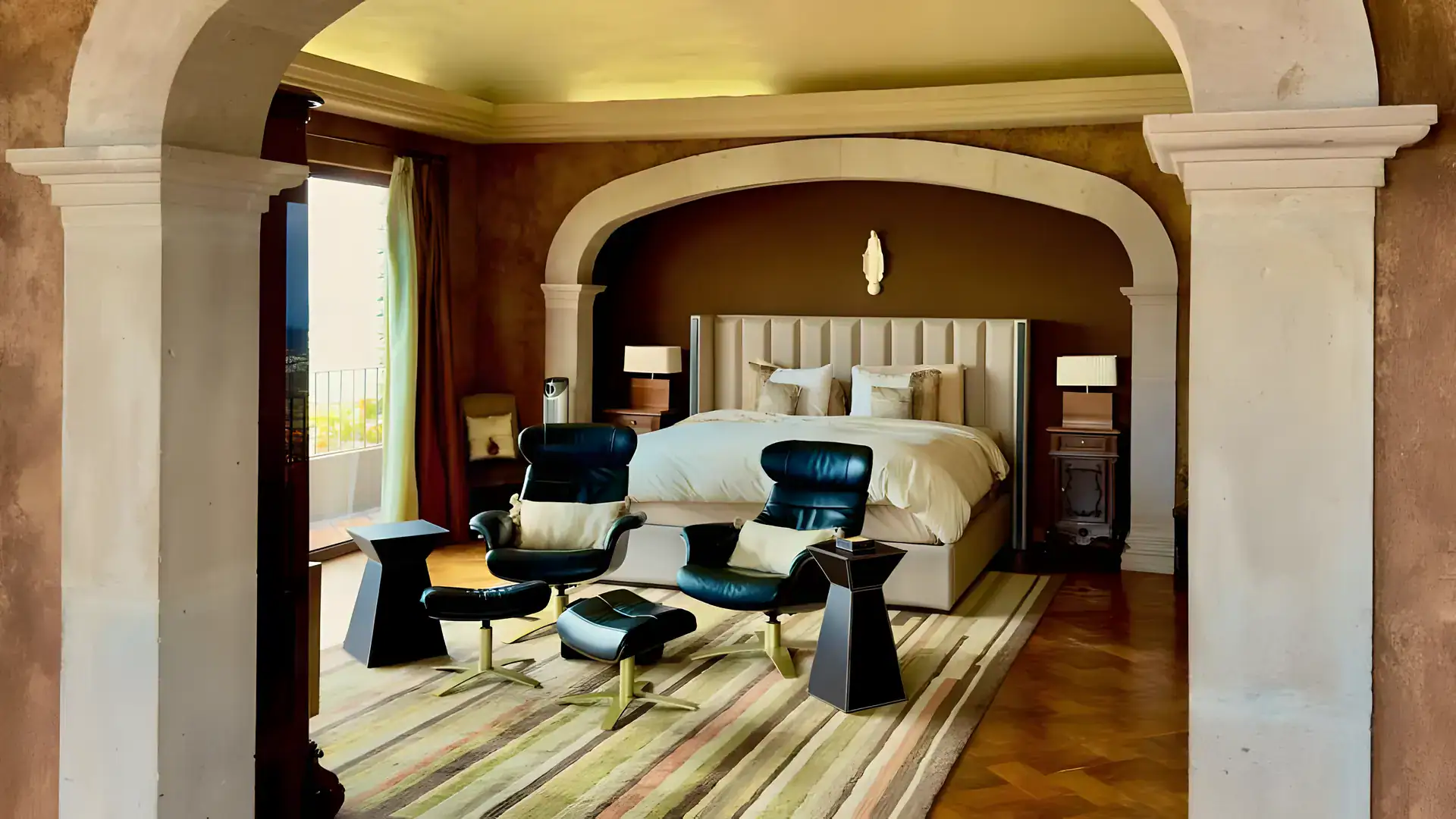 Raíz de las Nubes, bedroom with a tufted headboard, two black leather chairs and arched stone columns, San Miguel de Allende