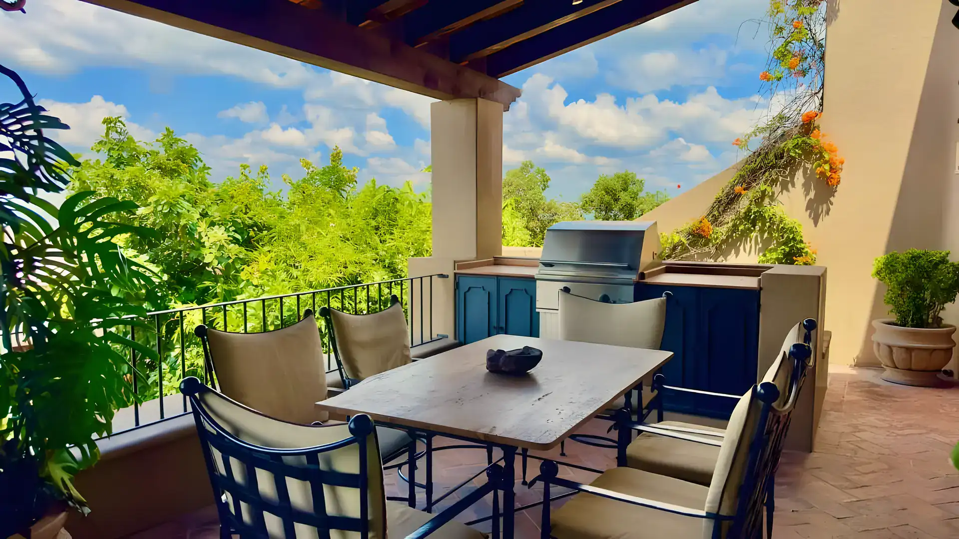 Raíz de las Nubes, outdoor terrace with a dining table, built-in grill and treetop views, San Miguel de Allende