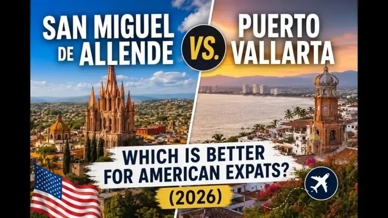 Split image of San Miguel de Allende's Parroquia and the Puerto Vallarta waterfront, with the text 'San Miguel de Allende vs. Puerto Vallarta: Which is better for American expats? 2026' and black bars at both sides