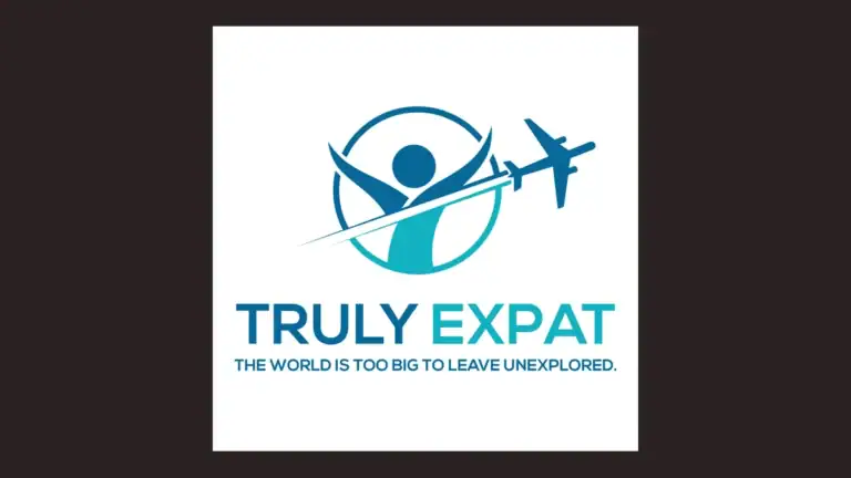 Truly Expat Travel logo with a figure and an airplane in a circle and the tagline 'The world is too big to leave unexplored', centered on a dark brown background