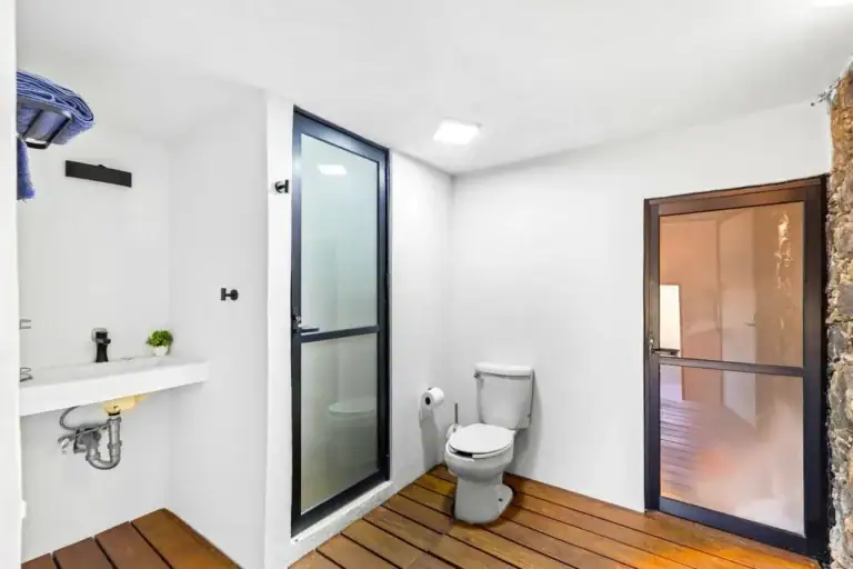 Santo Domingo House, bathroom with a wall-hung basin, a toilet and a black-framed glass door, San Miguel de Allende
