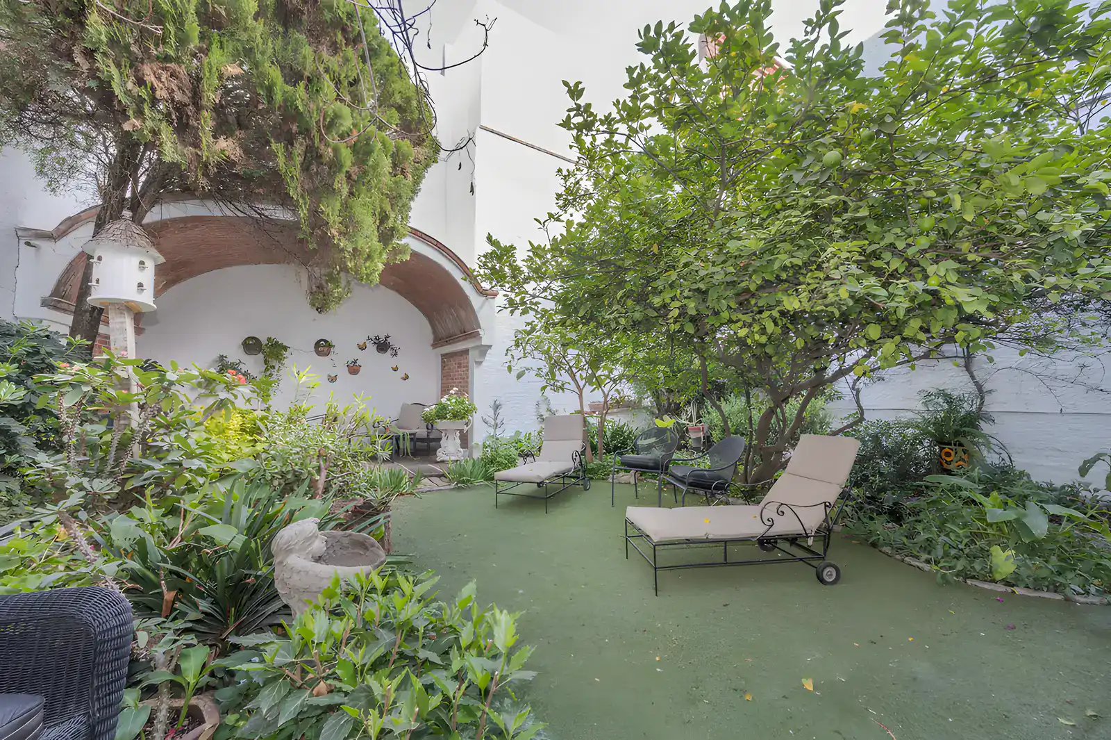 Two Homes, walled garden with citrus trees, lounge chairs and a birdhouse on a lawn, San Miguel de Allende
