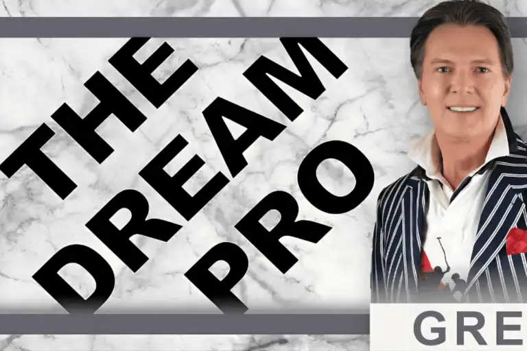 The Dream Pro graphic with Greg Gunter in a navy striped blazer and red pocket square on a marble background