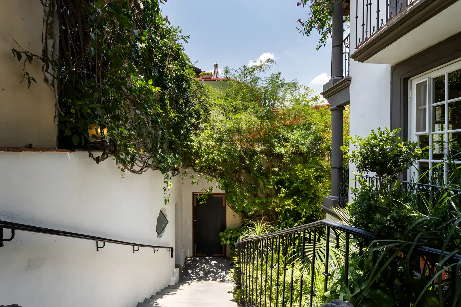Villa Escondida, exterior garden stairway with greenery leading to a lower door, San Miguel de Allende