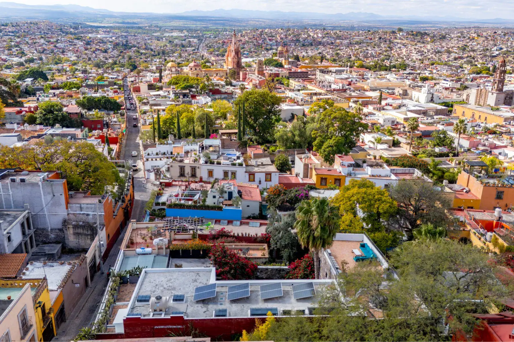 Villa Garita, aerial view of the rooftops and the Parroquia, San Miguel de Allende