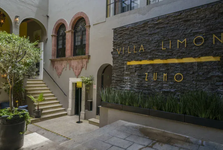 Villa Limón, entrance courtyard with the name sign, a stone stairway and planters, San Miguel de Allende