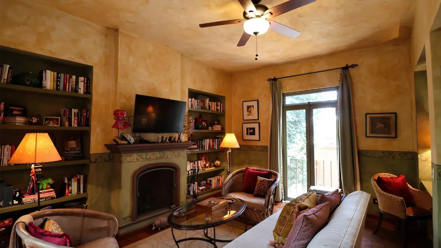 Cozy living room with a fireplace, built-in bookshelves, TV above the mantle, and a ceiling fan overhead, San Miguel de Allende